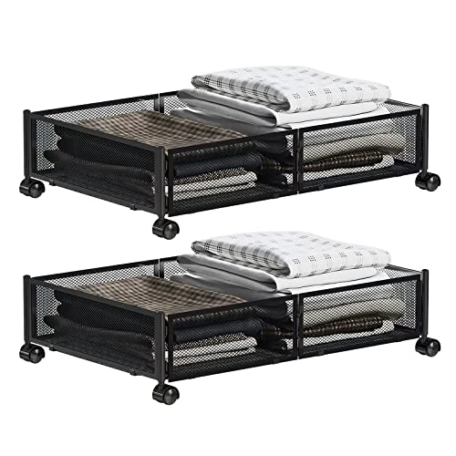 LIBOOI Unterbett-Aufbewahrung, Kleidung, Schubladen mit Rollen, Metall-Unterbett-Aufbewahrungsbox, werkzeuglose Montage für Schlafzimmer, Kleidung, Schuhe, Decken - 2 Stück, Schwarz Cover
