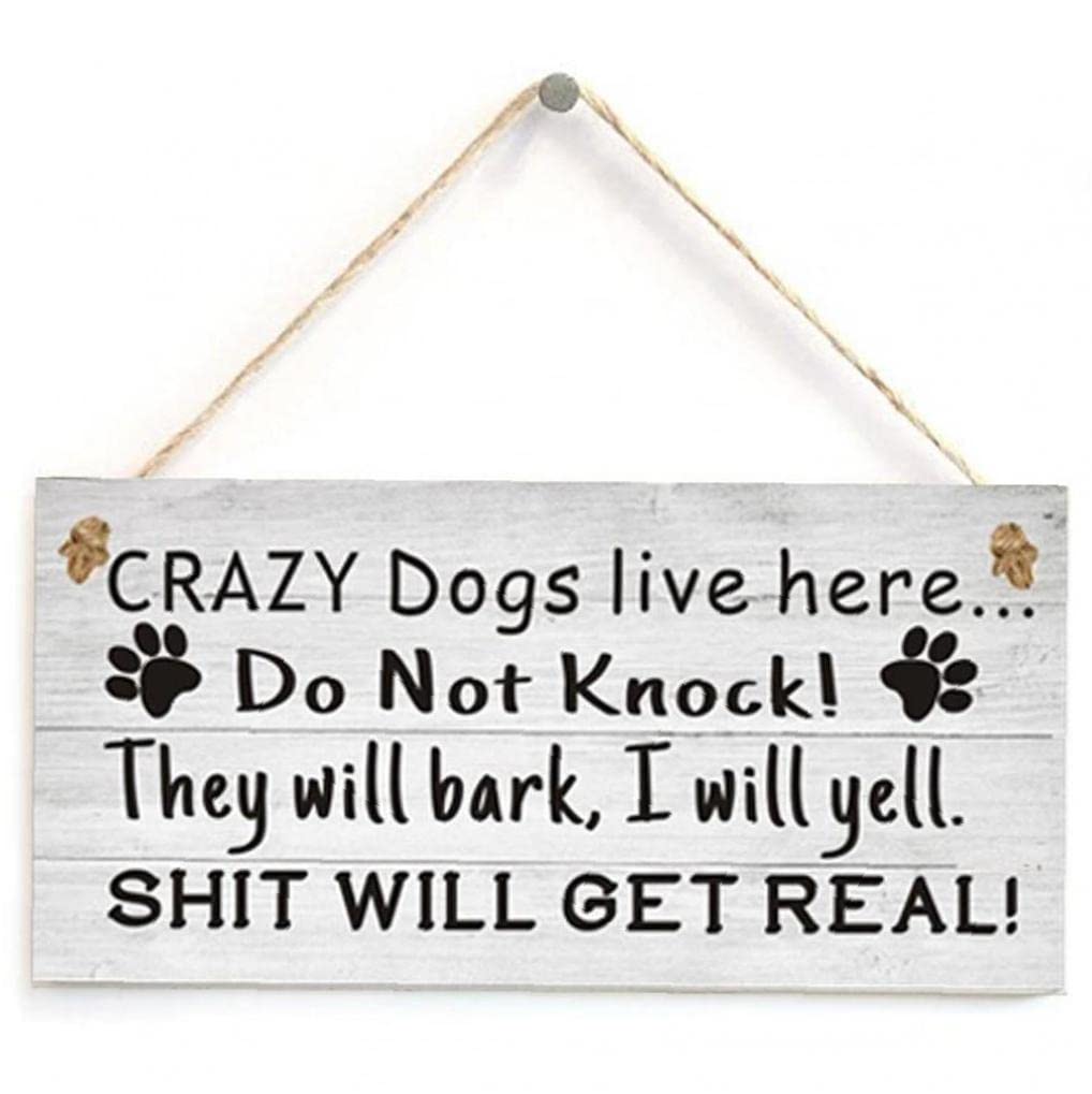 Sanfly As Shown Door Sign, Crazy Dogs Live Here Do Not Knock Hanging Wall Art Funny Wood Plaque With Hanging Rope For Door And Wall