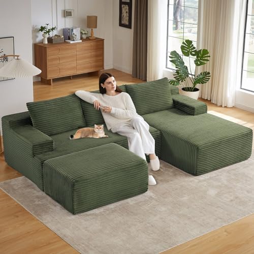 Image of 96.1 inch Modular Sectional Sofa with Ottoman, Modern Corduroy Cloud Couch, Boneless Couch Upholstered 3-Seater U-Shaped Sofa for Living Room, No Assembly (Green, Right-Facing Chaise)