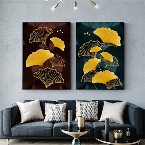 Tableau abstrait ginkgo biloba noir et doré 30x50cm WUHBCZ pour salon
