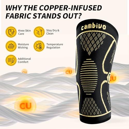 Image of CAMBIVO 2 Pack Copper Knee Braces for Knee Pain, Knee Compression Sleeve for Men and Women, Knee Support for Meniscus Tear, Running, Weightlifting, Workout, ACL, Arthritis, Joint Pain Relief (Gold, Small)