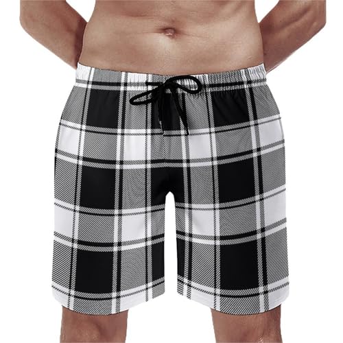 Buffalo Check Plaid White Black Print Mens Swim Trunks, Quick Dry Swim Shorts with Mesh Lining Swimwear Bathing Suits