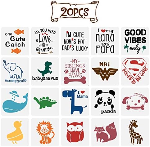 20 Pack Onesie Stencil Kit, Mixed Animals Pattern Painting Stencils Baby Shower Onesie Decorating Reusable Templates for Painting on Fabric Bodysuit Bags Shirts Shoes Bibs Home Décor