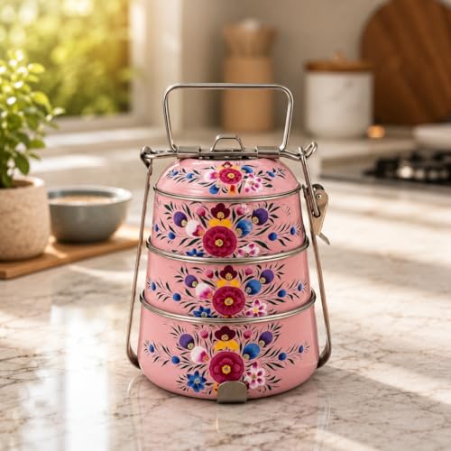 Image of iHandikart Handpainted Decorative Lunch Box Tiffin | Multiple Tier Stainless Steel Food Box | Designer Indian Print Tiffin for School | Diwali Gift, Navratri Gift (Color - Multicolor)