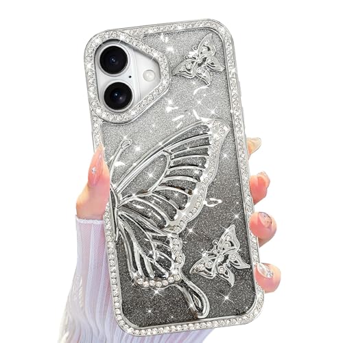 Coque iPhone 16 anti-choc paillettes strass argenté papillon 3D protectrice