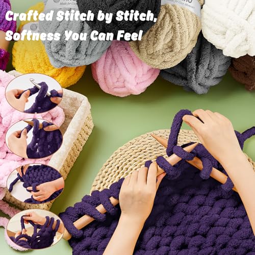 Image of Inhand Chunky Chenille Yarn for Hand Knitting, Thick Bulky Blanket Yarn for Crocheting, Soft Fluffy Yarn for Crochet Gifts & Crafts for Women /Beginners, 8 Pack (29.5 yds /8.4 oz Each), Purple-Multi