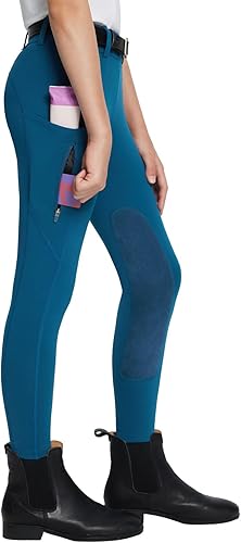 baleaf - Pantalones de equitación para niñas, pantalones ecuestres infantiles, parche para la rodilla, bolsillo con cremallera, mallas para montar a