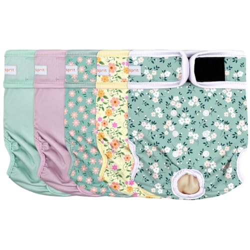 Image of Langsprit Female Dog Diapers for Doggie Puppy,Reusable Dog Period Diapers Female for Heat Peeing,Small Medium Large Doggy Diaper Washable,Dogs Pants 5 Pack, Pink Flower, Large