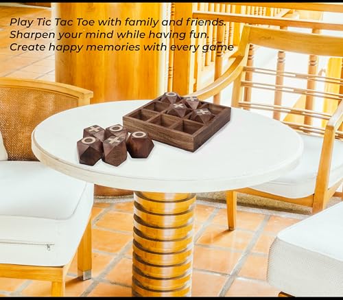 Image of Handcrafted Rosewood Tic Tac Toe Board Game, Sheesham Wood Construction, Classic Family Game with Glass Marbles (10x10 inch)