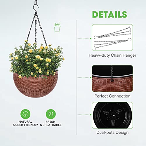 Vivosun Hanging Planters Self Watering Hanging Basket For Indoor Outdoor Plants Flower Plant Pot Brown, 2 Differernt Pieces (8.3" & 10.2") #TOP4