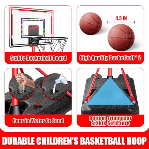 Upgrade Basketball Hoop for Kids with Stand, Adjustable Height 3.5ft to 6.2ft Basketball Hoop with Electronic Scoreboard LED Lights, Indoor Outdoor Backyard Sport Game Gifts Toys for 3 4 5 6 7 8 - Thumbnail 5