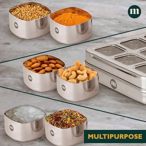 Image of MARU Stainless Steel, Masala Dabba Steel Masala Box For Kitchen Steel | Masala Dani For Kitchen See Through Lid (9 IN 1 Without inside), Silver