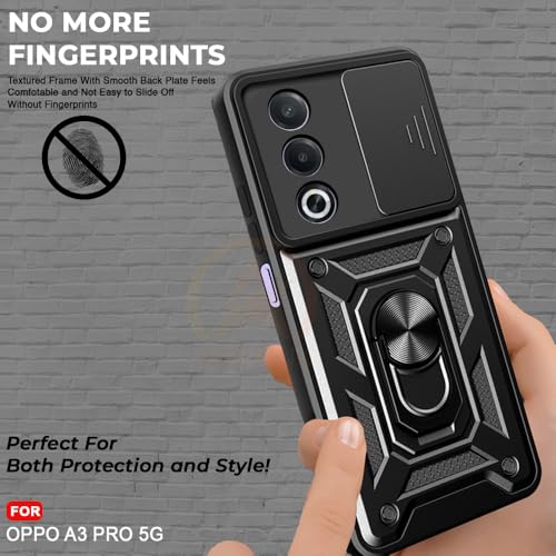 Image of Armor Bumper Back Cover Case for Oppo A3 Pro 5G Rotating Camera Cover, Ring Holder & Kickstand | Heavy Duty & 360 Degree Protection Oppo A3 Pro 5G Back Cover (Black).