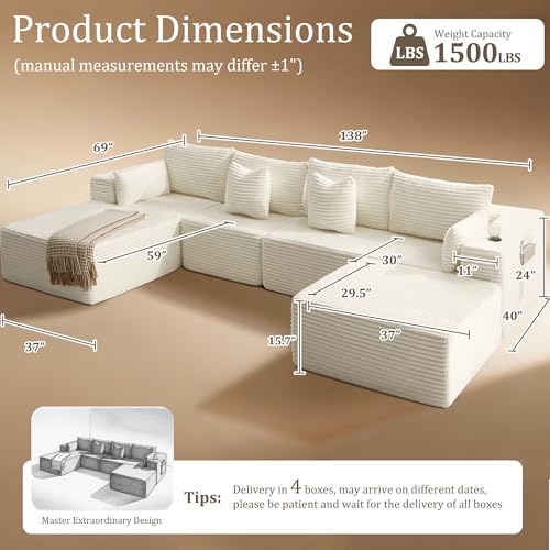 Image of 138 inch Cloud Sectional Couch, Comfort U Shaped Boneless Couch for Living Room, Extra Deep Seats No Assembly, Minimalist Modular Sofa, Corduroy (Cream, 3 Seater+Left Facing Chaise+Ottoman)