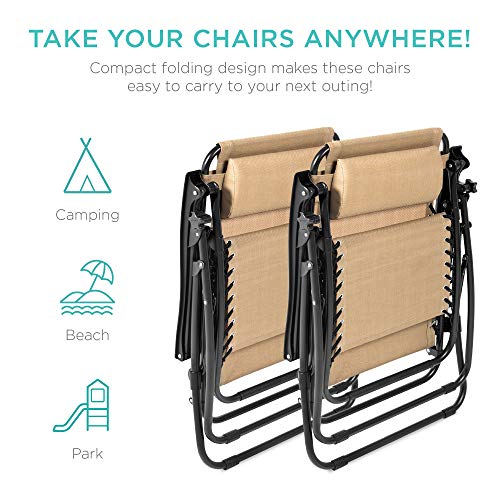 Best Choice Products Set Of 2 Adjustable Steel Mesh Zero Gravity Lounge Chair Recliners W/Pillows And Cup Holder Trays, Beige #TOP2