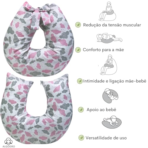 Almofada amamentação para bebê e gravida com laço zíper e refil 100% algodão Nuvem Rosa