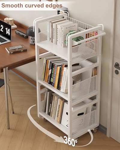 Bücherregal Weiß mit Rollen, 70 kg Tragkraft Bücherwagen Klein, 3 Ebenen Mobile Bücherregale aus Metall für zu Wohnzimmer Schlafzimmer Büro Bibliothek mit 3 Magnetischen Buchstützen