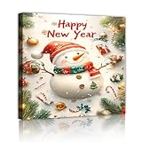 明けましておめでとうございますキャンバスプリントクリスマス雪だるまウォールアートつまらないキャンディケーン松の葉壁画リビングルームキッチンホームデコレーション50x50cmインナーフレーム