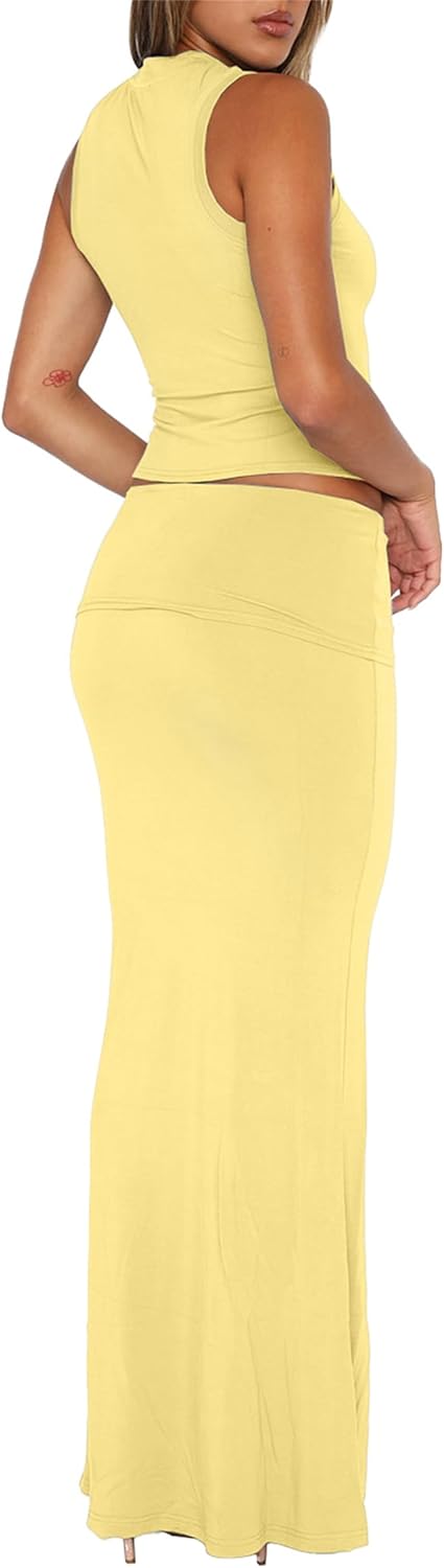 Skirt Sets Women 2 Piece Outfits - Sexy Two Pc Sleeveless Tank Crop Top Fold Over Maxi Long Skirts - Image 4