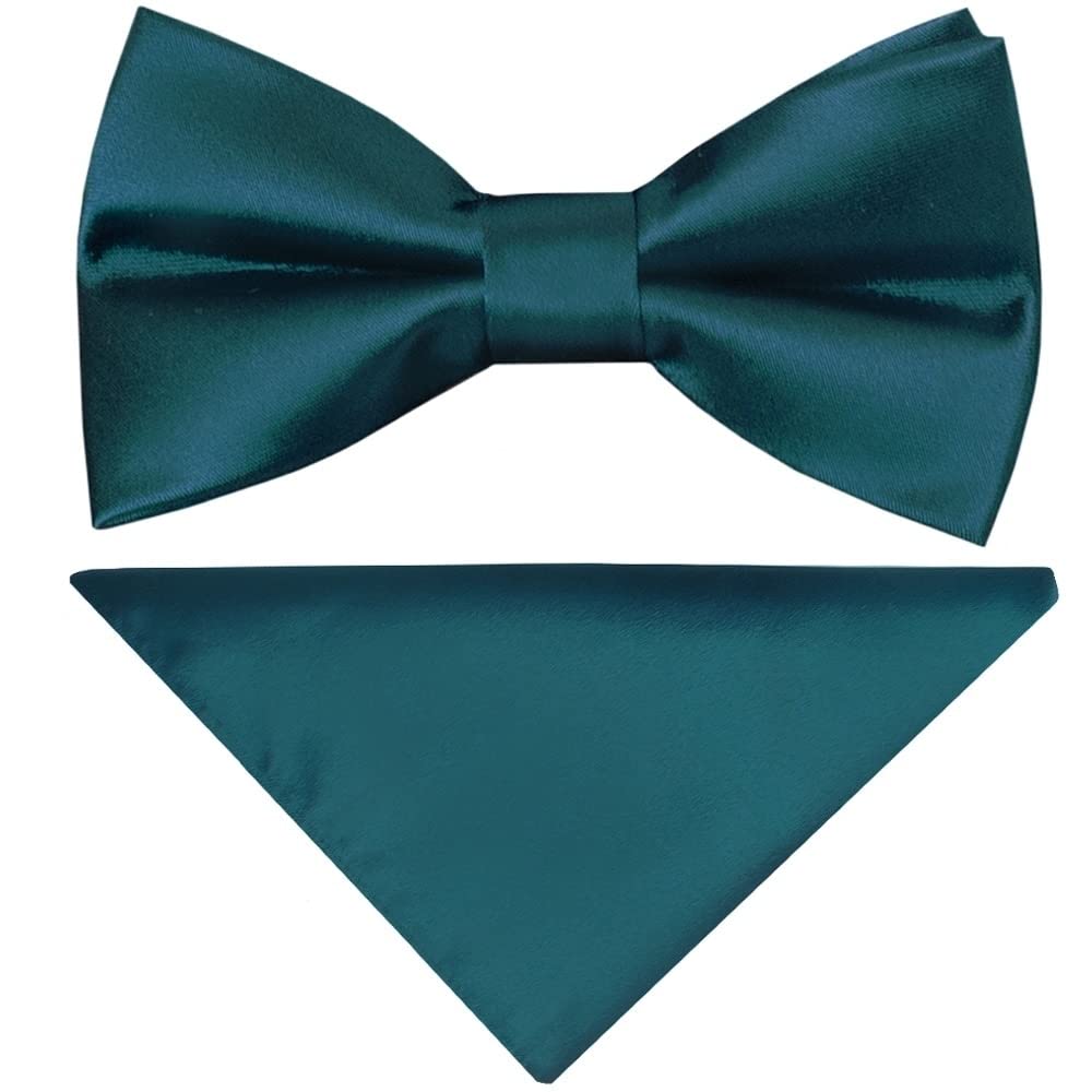 TIES R US Pre Tied Dark Teal Satin Boys Bow Tie and Pocket Square Set Age 4-7