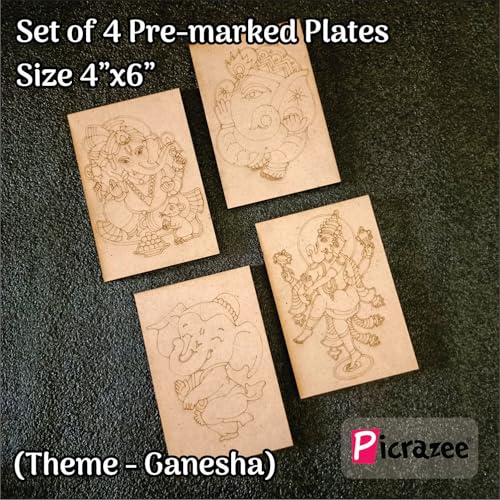 Image of PICRAZEE DIY Art & Craft Wooden Painting Kit for Kids | 4 Premaked Ganesha MDF Board Painting Set with 6 Colors, 2 Brushes, Palette and Stands | Drawing & Coloring Activity Set for Home, and Gifting