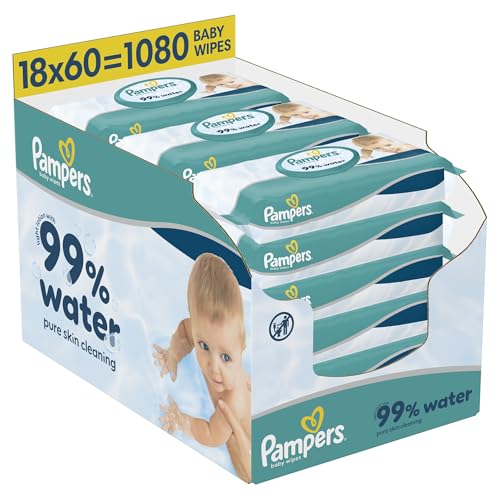 Pampers 99% Water Baby Wipes Plastic Free 18 Packs of 60 Wipes = 1080 Baby Wet Wipes Light Lotion with 99% Water