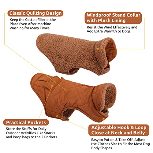 Queenmore Warm Dog Coat, Cold Weather Puffer Dog Coat, Quilting Winter Dog Jacket Ultra Thick Plush Lining With Storage Pockets (Brown, Medium) #TOP2