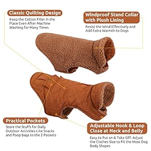 Queenmore Warm Dog Coat Cold Weather Puffer Dog Coat Quilting Winter Dog Jacket Ultra Thick Plush Lining with Storage Pockets Brown X Small