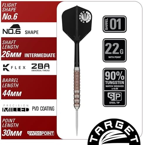 Target Japan Prime Series Raptor G6 Steel Tip Darts with Kflex, 22G | 90% Tungsten Dart Set, K-Flex Flights and Shafts No.6, Nano Swiss Points, Player George Nishitani Gen 6 - 2