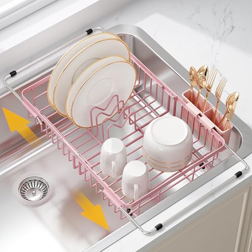 Image of JASIWAY Pink Dish Drying Rack Over the Sink with Utensil Holder