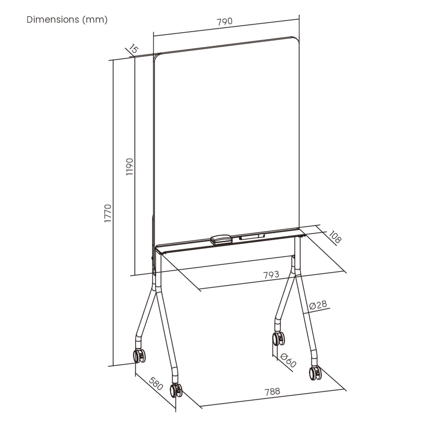 Ergo Office Tableau Blanc Mobile effaçable à Sec 119x79 cm Horizontal Simple Face avec roulettes verrouillables et étagère Pratique (Orientation Verticale, 1190x790mm)