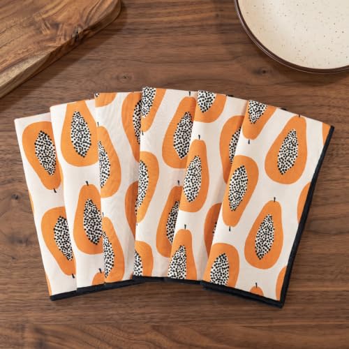 Image of Papaya Printed Cotton Napkins Set | 16 x 16 Inch (40 x 40 cm) | 100% Cotton with Peko Border | Reusable Cloth Dining & Cocktail Napkins | Machine Washable | Bright Tropical Print