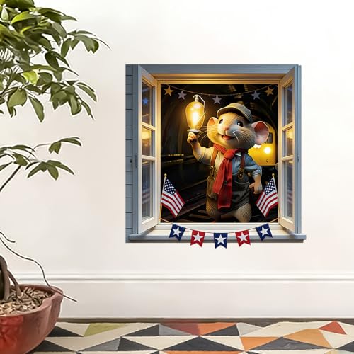 Vinilo decorativo 3D ventana falsa ratón y linterna 39.9 cm miniatura 3