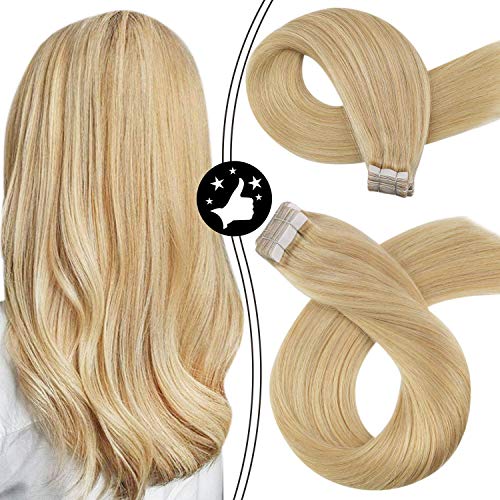 Moresoo Human Hair Tape in Extensions 12 Inch Tape in Extensions Highlighted #16 Golden Blonde Mixed #22 Blonde 30 Gram 20 Pieces Seamless Tape Hair Extension for Women Natural