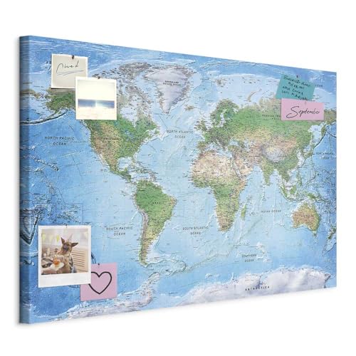 murando - Tableau à Épingles et Peinture sur Toile Combinés 120x80 cm - Avec Crochets Clous et Punaises Argentées - Panneau en Fibres pour Notes et Affichage - Carte du monde k-A-0127-v-a