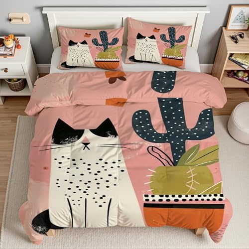 Housse de couette 160x200 cactus chat comique en microfibre avec 2 taies d'oreiller - 3