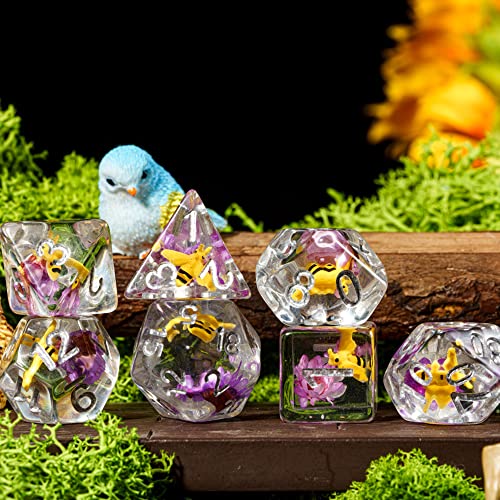 Cusdie 7-Die Dnd Dice, Polyhedral Dice Set Filled With Animal, For Role Playing Game Dungeons And Dragons D&D Dice Mtg Pathfinder (Bee Purple Flower) #TOP2