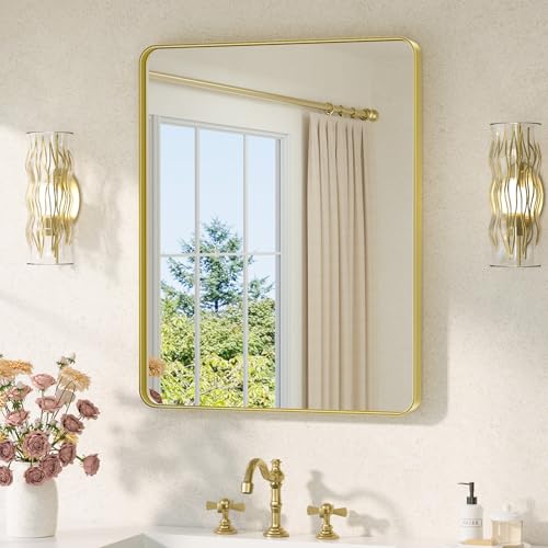 Image of TETOTE 24 x 30 Gold Bathroom Mirror Brushed Gold Metal Framed Vanity Mirror, Tempered Glass, Wall Mounted for Bathroom, Entryway, Bedroom, Living Room(Horizontal /Vertical)