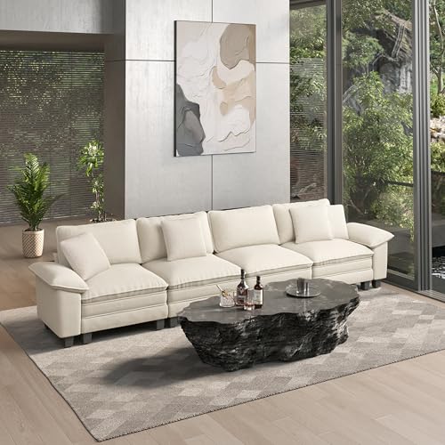Image of HERA'S HOUSE 158 inch Oversized Modular Sectional Straight Sofa,Chenille White | 4-Seater Living Room Couches, Wider Armrest and Deep Seat, Comfy Cloud Couch with Ottoman, Wood Sturdy Frame