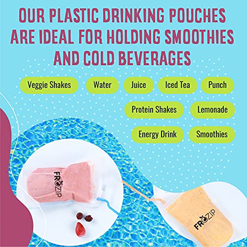 Frozip 50Pcs 16Oz Drink Pouches For Adults - Drink Pouches With Straws X50 & Funnel - Resealable Smoothie Pouches & Clear Juice Pouches For Adults - Drink Bag Plastic Pouches For Drinks With Straws #TOP3