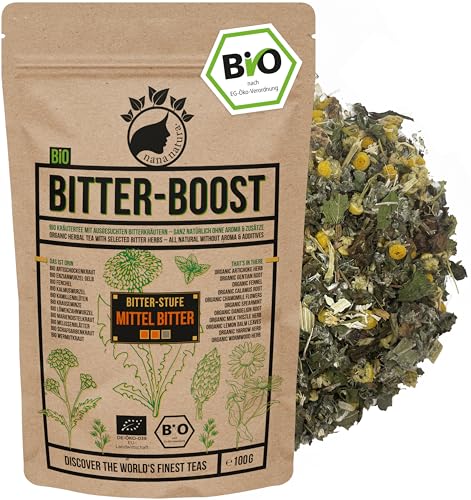 NanaNaturas BIO Bittertee BITTER-BOOST 100g [MITTEL BITTER] mit 11 Bio-Kräutern wie Wermut Kalmuswurzel Löwenzahn Schafgarbe Enzian Mariendistelkraut uvm. | Bitterkräuter Tee
