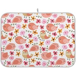 The Pioneer Woman Sartenes Tapete de secado de flores y pájaros de color naranja, lavable y absorbente, accesorios de cocina para encimera, escurridor de platos, mate, Pioneer Woman, 16 x 18 pulgadas