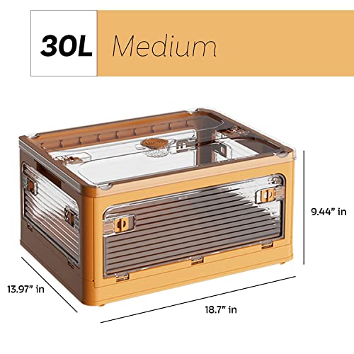 Wyzworks Transparent 5 Door Medium 30L Foldable Stackable Plastic Storage Box Tote W/Wheels, Designed For Clothing, Snack Pantry, Toys, Side Latching Locks, Quick Collapsible Organizing Bin, Orange #TOP6