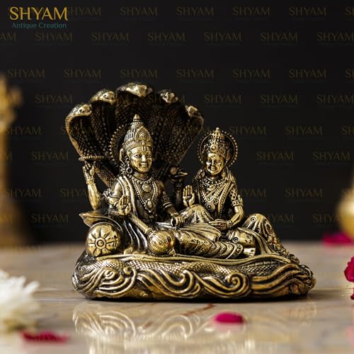 Image of Large Size Brass Lakshmi Vishnu Ji Sitting On Sheshnag Murti 5 inch Maa Laxmi Vishnu Resting On Snake Idol Lakshmi Narayan Statue for Home Office Temple Diwali Puja Gifting