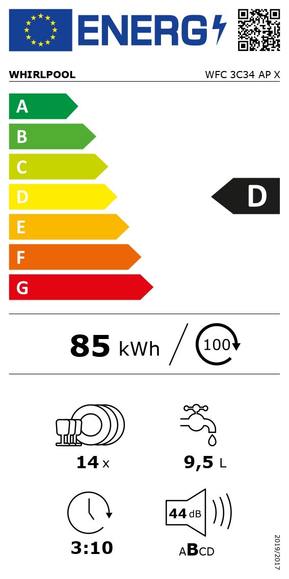 Whirlpool WFC 3C34 AP X, Lave-vaisselle 60cm Libre installation, 14 places, D