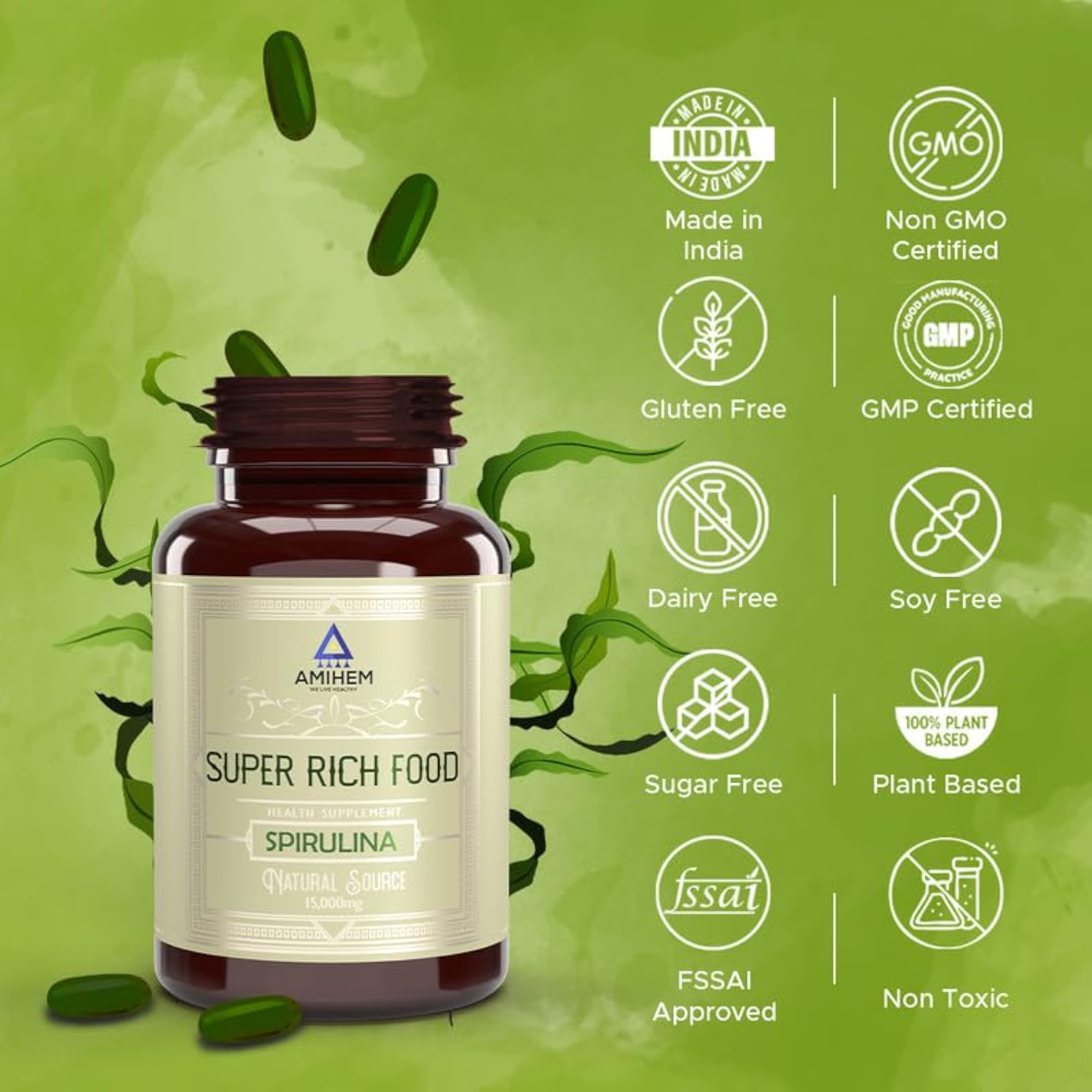 AMIHEM Spirulina Extract, 500mg Superfood Supplement