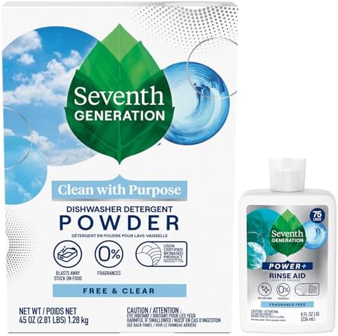 Seventh Generation Dishwasher Detergent Powder + Rinse Aid, Free and Clear, Biodegradable, Plant-Based & Fragrance-Free, Septic Safe