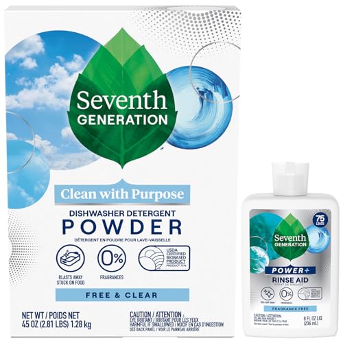 Seventh Generation Dishwasher Detergent Powder + Rinse Aid, Free & Clear, Biodegradable, Plant-Based & Fragrance-Free, Septic Safe