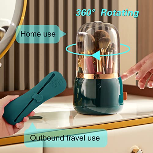 Mufmuf 2Pack Makeup Brush Holder,360 Rotating Acrylic Makeup Brush Organizer With Lid,Spinning Makeup Storage Container,Comes With A Travel Silicone Makeup Brushes Holder (Dark Green) #TOP1