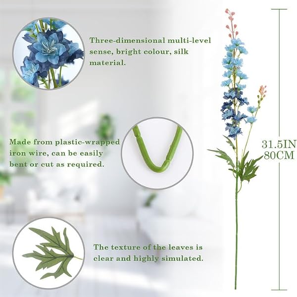 LILUYTO 6PCS Blue Delphinium Artificial Flowers, Long Stem Faux Larkspur Silk Flowers, 33.5" Bendable Fake Flowers Bouquets for Tall Vase Table Kitchen Home Offices Garden Wedding Decor by LILUYTO - Image 2